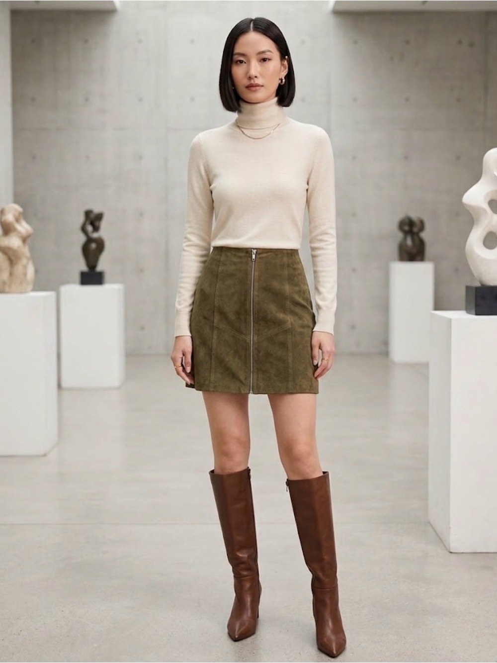 ONLY onlAIDA Olive Green 100% Real Suede Zip-Front Mini Skirt